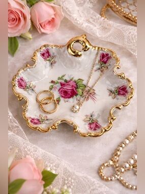 Vintage Leaf-Shaped Porcelain Dish with Roses & Gold Trim